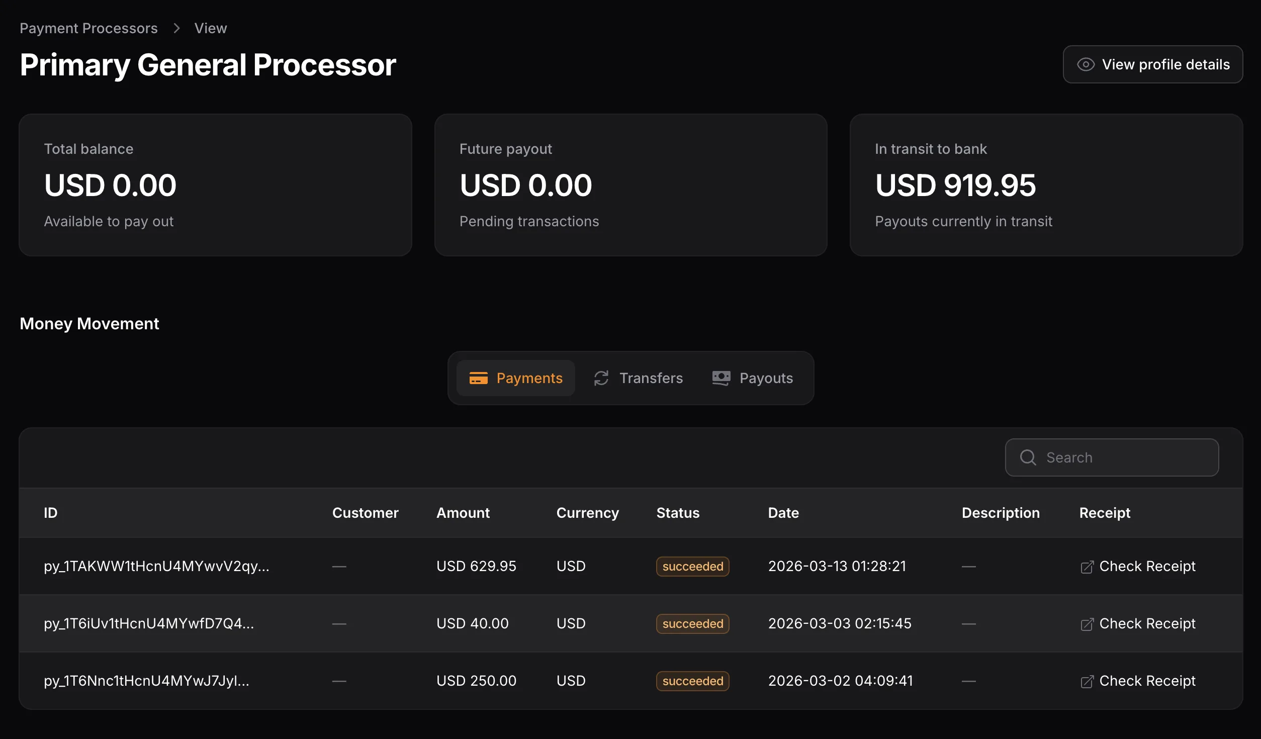 Payment processor activity view