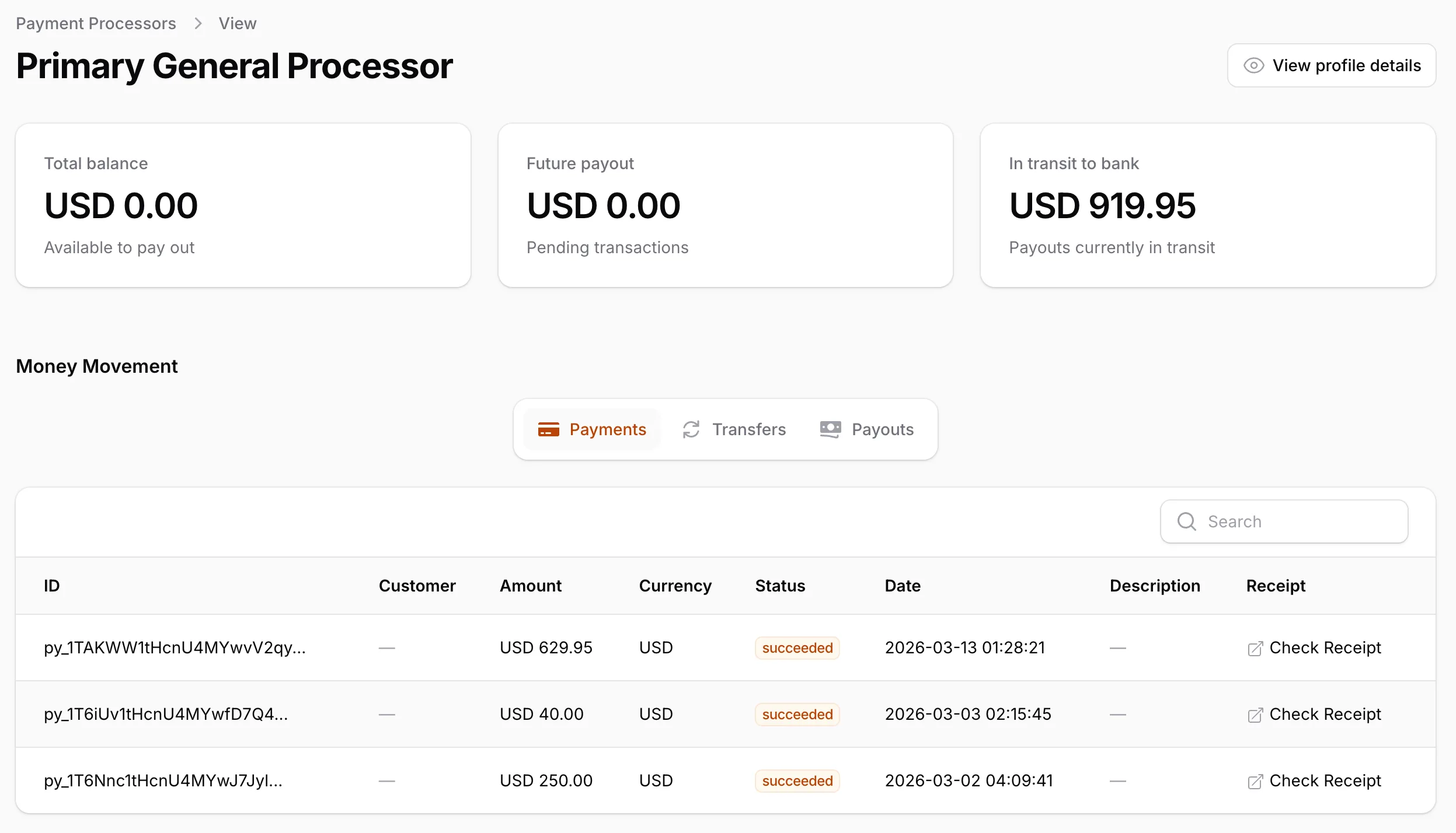 Payment processor activity view